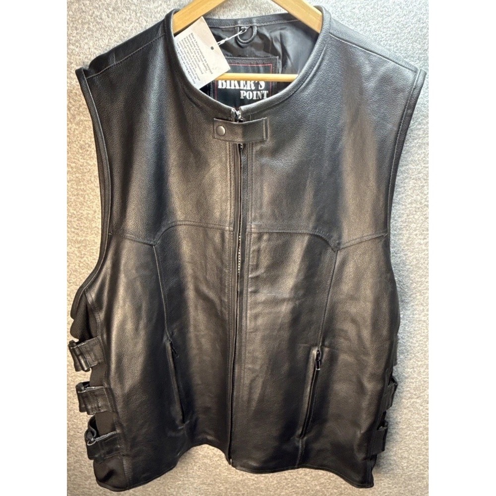 Mens Black Leather Motorcycle Vest SWAT Tactical Biker Riding Waistcoat SZ 4XL